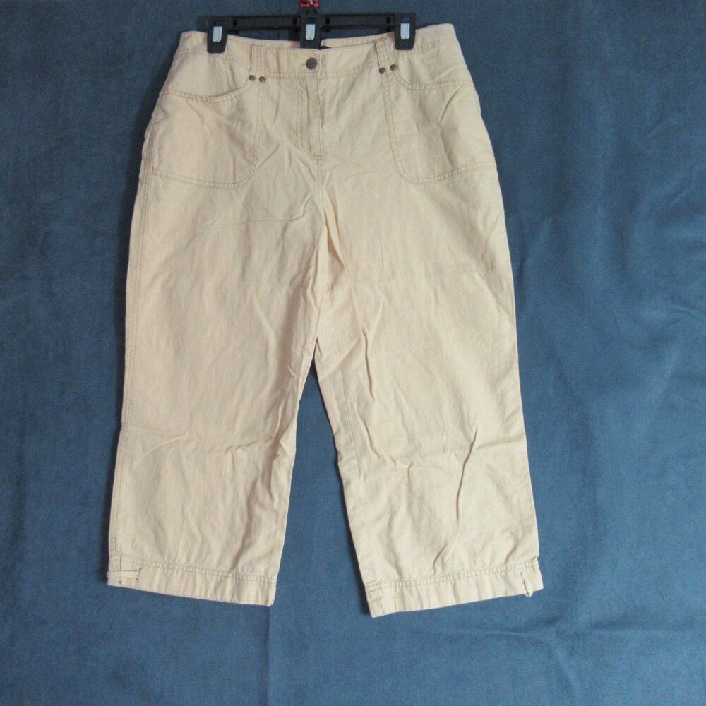 New York & Company Pants Womens Size 12 Tan Capri Khaki Mid Rise Linen Preppy